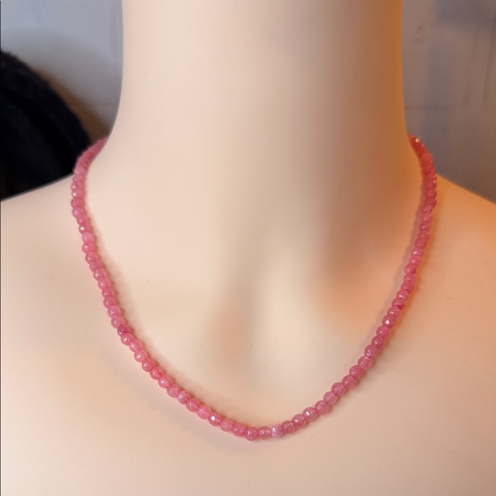 Natural Hand Beaded Faceted Pink Tourmaline Necklace 18” 925 Silver Clasp